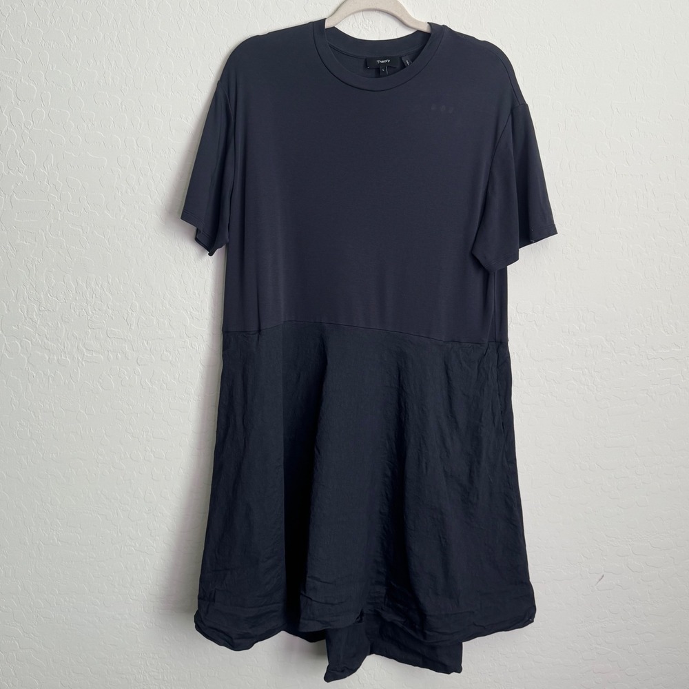 Theory Tier Tee Dress in Eco Crunch Wash Womens Large Mixed Media Minimal Office